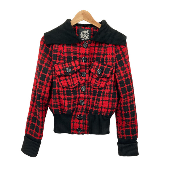 Wet Seal Medium Cropped Wool Blend Red Houndstooth Jacket - Picture 1 of 8